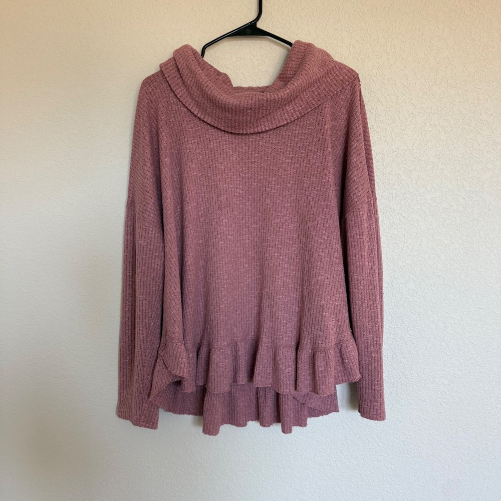 Maeve Anthropologie Womens Cowl Neck Ruffle Hem Waffle Knit Sweater Mauve Pink